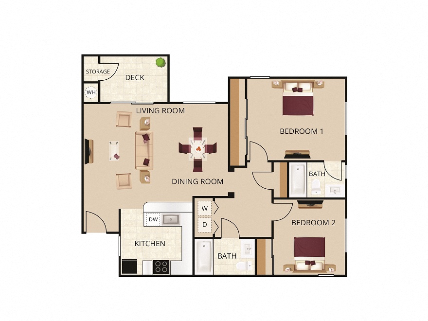 Floor plan for 2 beds, 2 baths, 1174 sqft